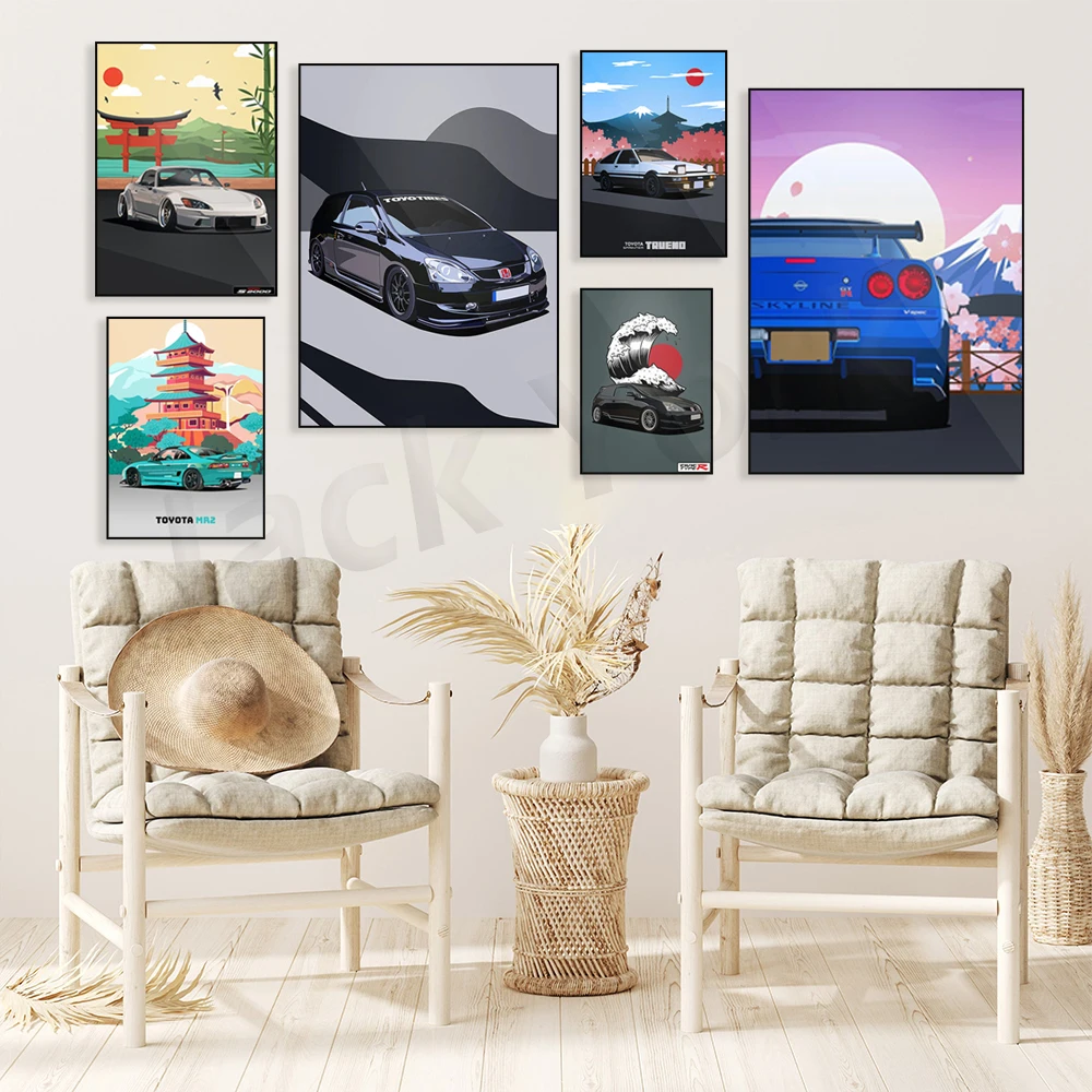 Honda - DC5 Integra | Honda - S2000, Nissan - R34 Skyline GTR V-Spec Печать на холсте, подарок для любителей автомобиля