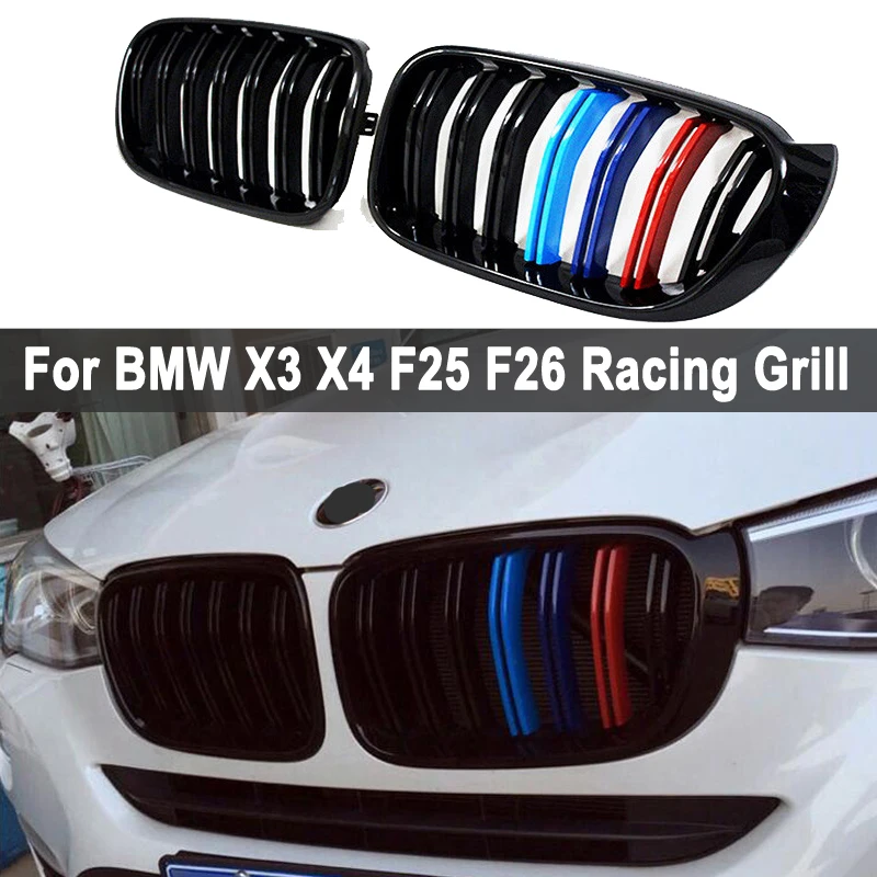 

A Pair For BMW F25 F26 X3 X4 2014-2018 Double Slat Kidney Grill Grille Front Bumper Racing Grills Gloss Black Auto Accessories