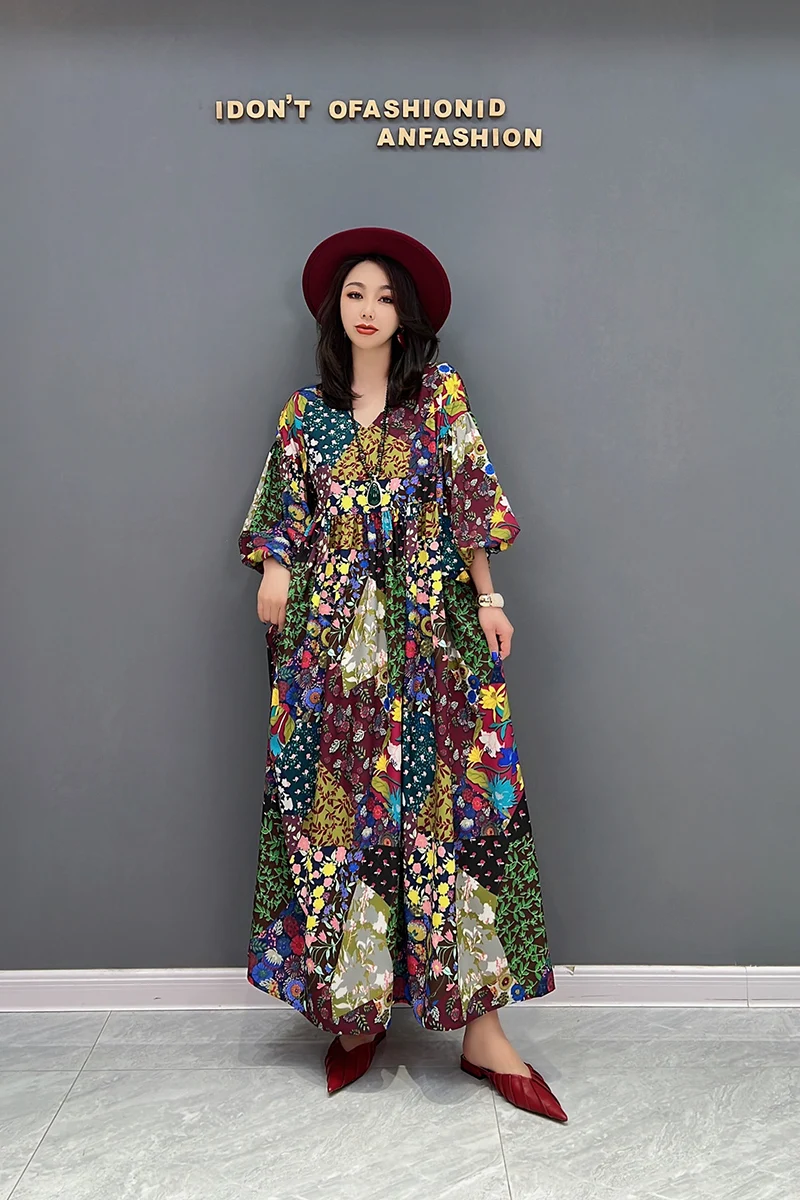 

SuperAen 2022 Лето Новая мода ретро печать v-образным вырезом тонкое платье оверсайз повседневное женское длинное платье