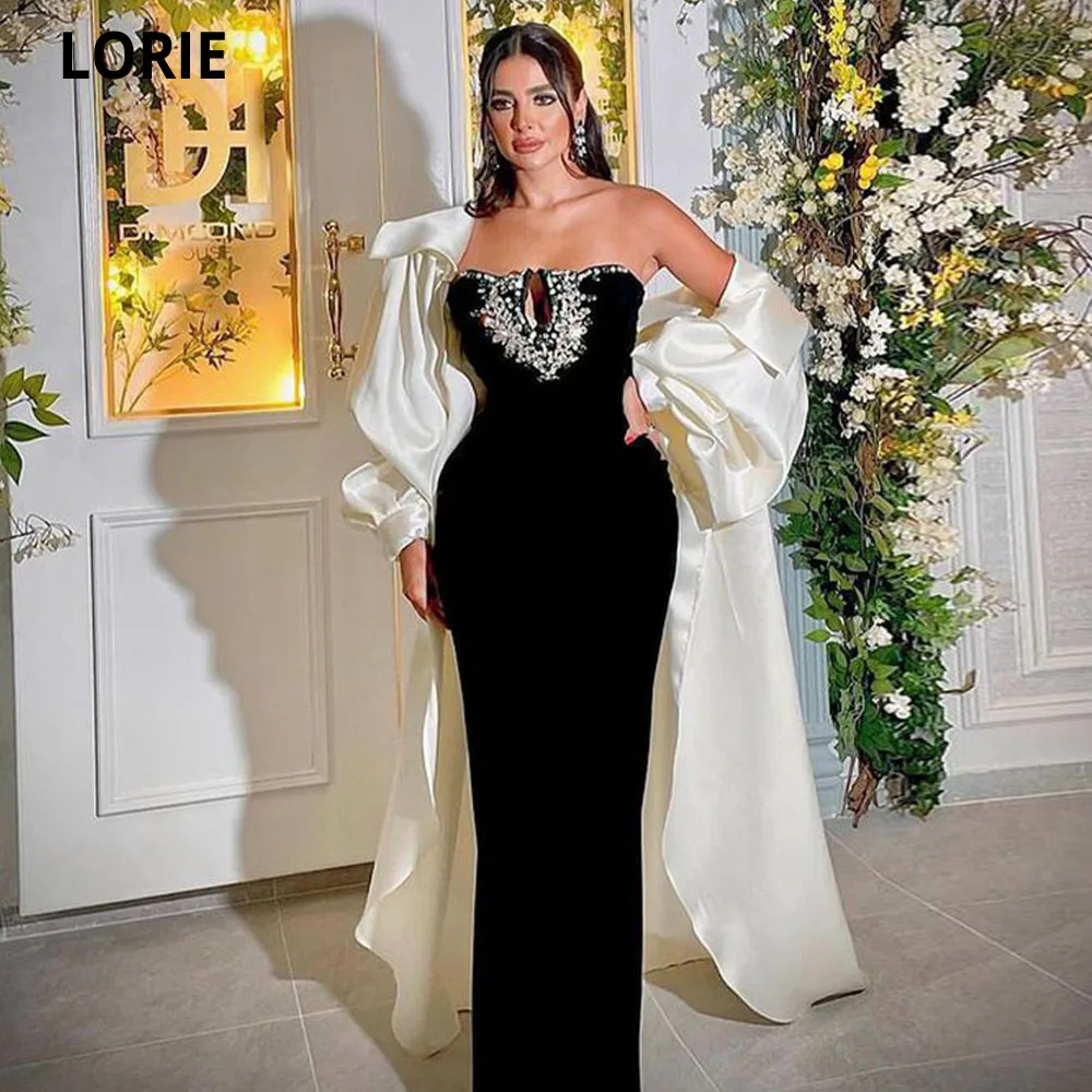 

LORIE Black Saudi Arabia Evening Dress With Long Champagne Jacket Cape Puff Sleeves Event Gowns Dubai Prom Dress Robes De Bal