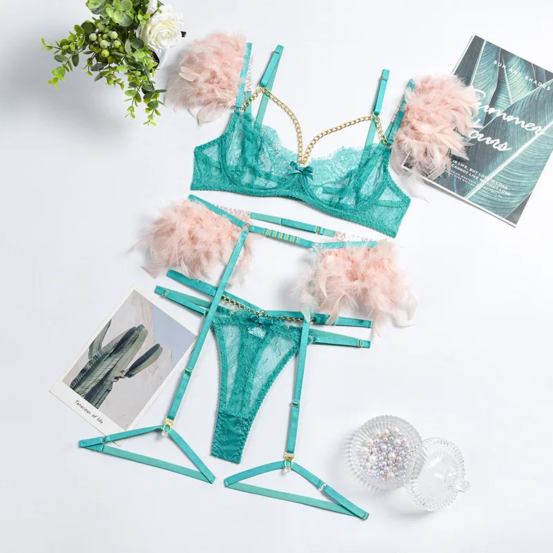 

Sexy Lace Bra Panty Set Lace Mesh Transparent Underwear Underwire Metal Chain Top Lingerie Garter Belt Women See Through Costume