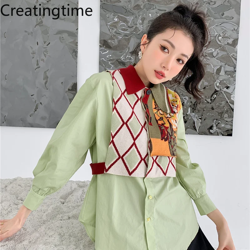 

Creatingtime Spring Clothing 2022 New Chic Vintage Floral Printing Knitted Patchwork Fake Two-piece Shirt Fashion Women GA852