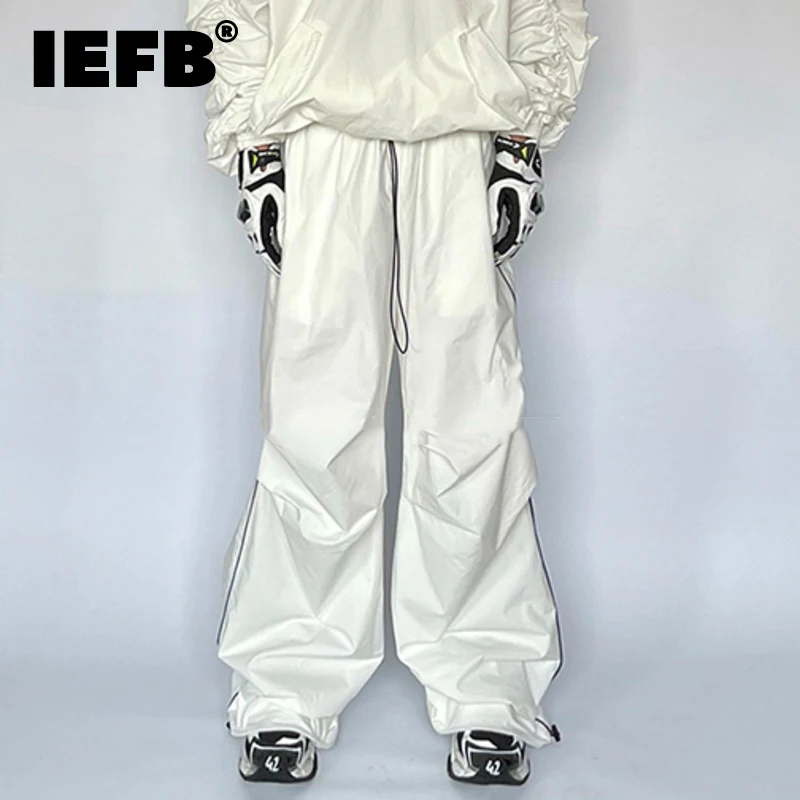 IEFB High Street Men's Pleated Overalls Fashion Technology Elastic Wide Leg Casual Trousers Solid Color Technical Pants 9C960