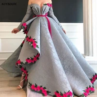 2022 dubai arabic gray lace red floral prom dresses sweetheart long off the shoulder lace appliques long sleeves evening dresses