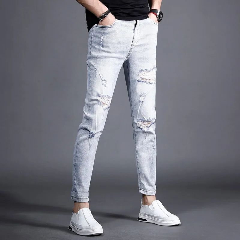 Summer Ripped Jeans Men Light Blue Ankle-Length Pants Streetwear Fashion Lightweight Slim Fit Denim Trousers