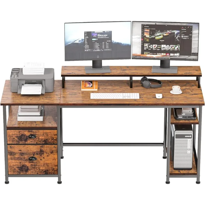 

Компьютерный стол с полками и выдвижными ящиками, длинный рабочий стол 61 дюйм с тканевым ящиком для файлов, промышленный письменный стол с большой подставкой для монитора