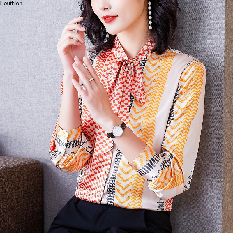 

Women's Blouse V-neck Fashion Bow Print Comfortable Casual Summer Shirt New Long-sleeved Lady Houthion