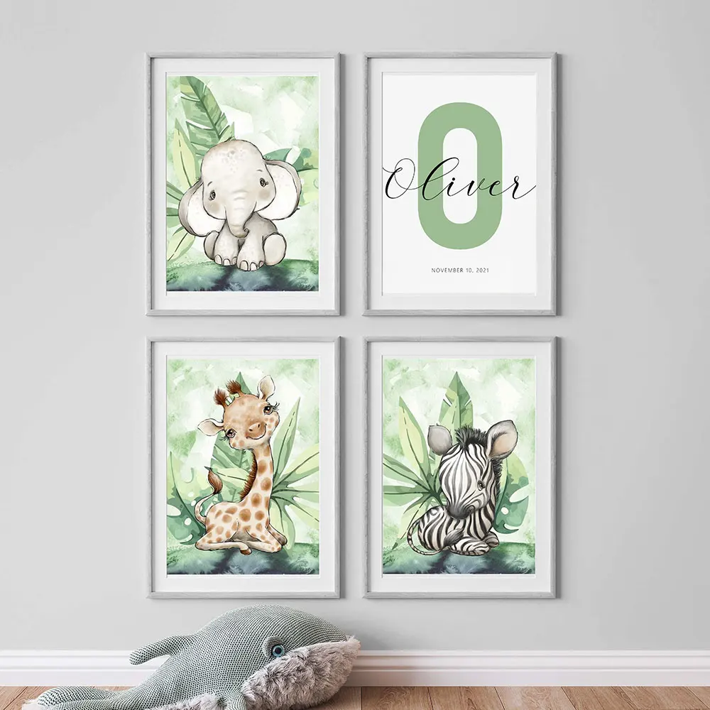 

Poster Tiger Giraffe Zebra Elephant Personalized Baby Name Painting Kids Room Decor Pictures Customize Canvas Art Print Wall Art