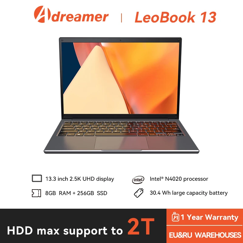 Adreamer LeoBook 13 Laptop 13.3-inch Intel Celeron N4020 LPDDR4 8GB 512GB SSD Windows 10 Computer 2.5K IPS UHD Display Notebook