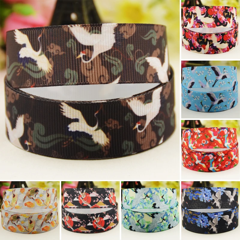 

22mm 25mm 38mm 75mm crane cartoon printed Grosgrain Ribbon party decoration 10 Yards satin ribbons