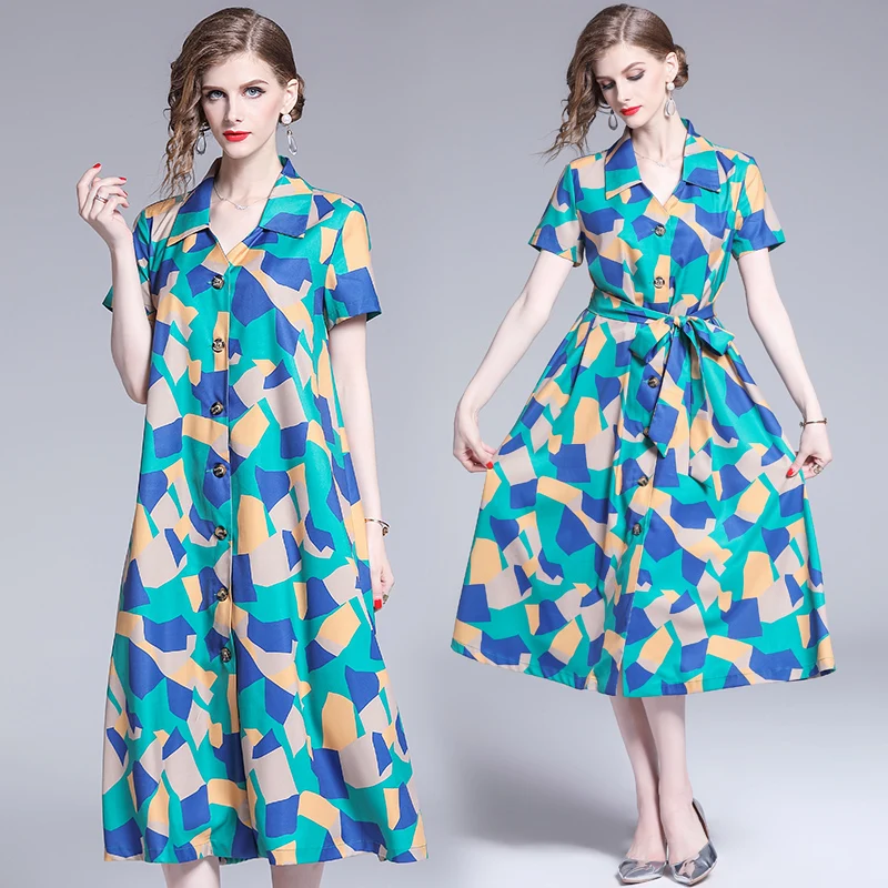 

European and American new retro shirt dress geometric print long skirt