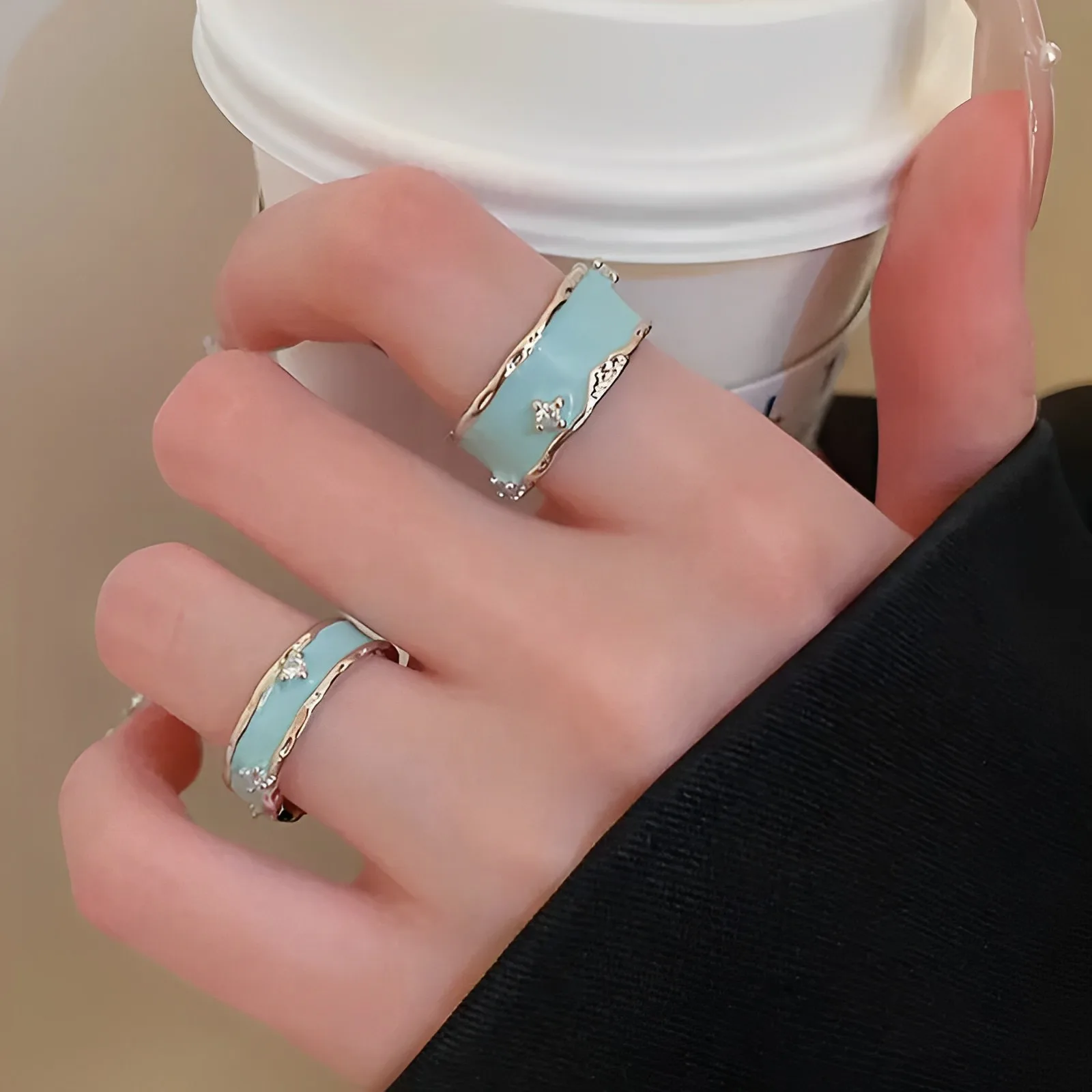 

Fashion Enamel Glaze Rings For Women Blue Handmade Inlaid Zircon Open Adjustable Luxury Couple Ring Jewelry Unusual Party Gifts