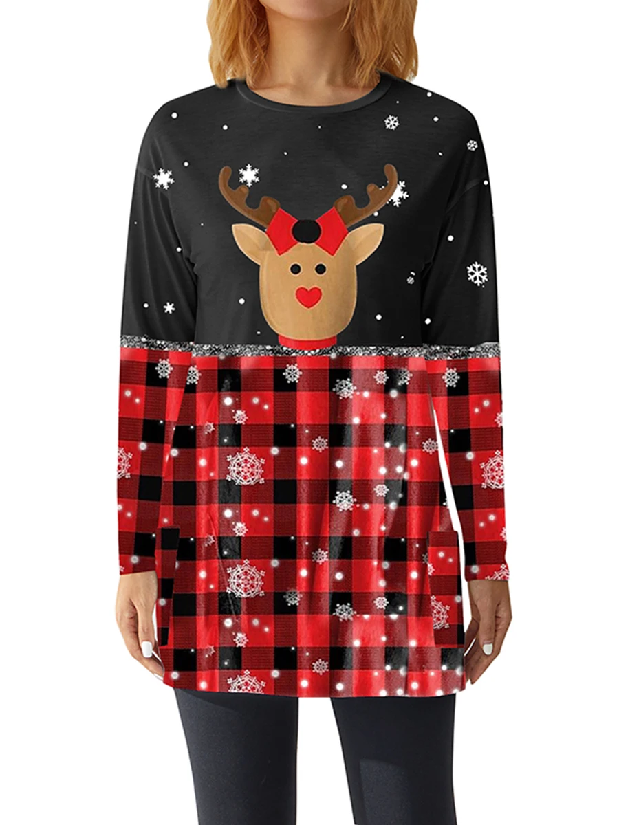 

Women Christmas Off Shoulder Sweater Midi Dresses Long Sleeve Knit Pullover Elk Tree Print Jumper Winter Sweatshirt