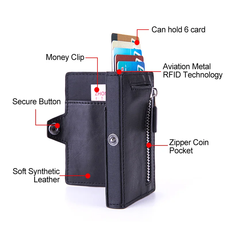 

Кожаный кошелек DIENQI с Rfid-защитой из углеродного волокна, мужской кошелек с отделением для кредитных карт, металлический минималистичный бумажник с карманом из стали