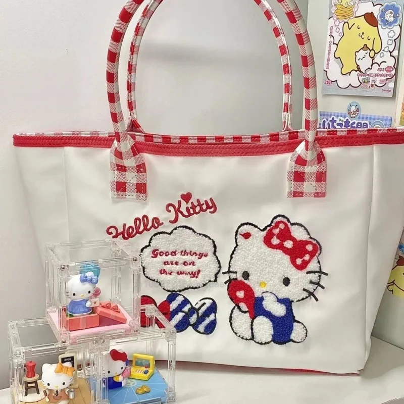 Sanrio Hello Kitty Embroidered Tote Shoulder Bags Y2k Girl Fashion Large Capacity Cute Handbag Women Cartoon Trend Designer Bags