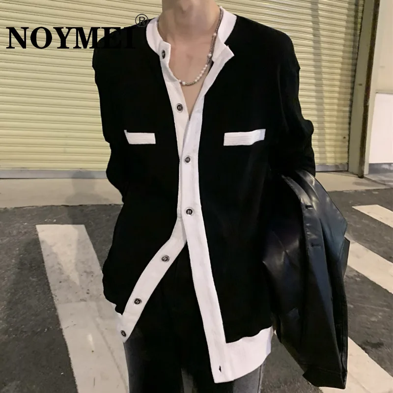 

NOYMEI Coat Preppy O-neck Korean Style Long Sleeve Men Jacket Pocket Single Breasted Patchwork Loose Knitted Cardigan WA1836