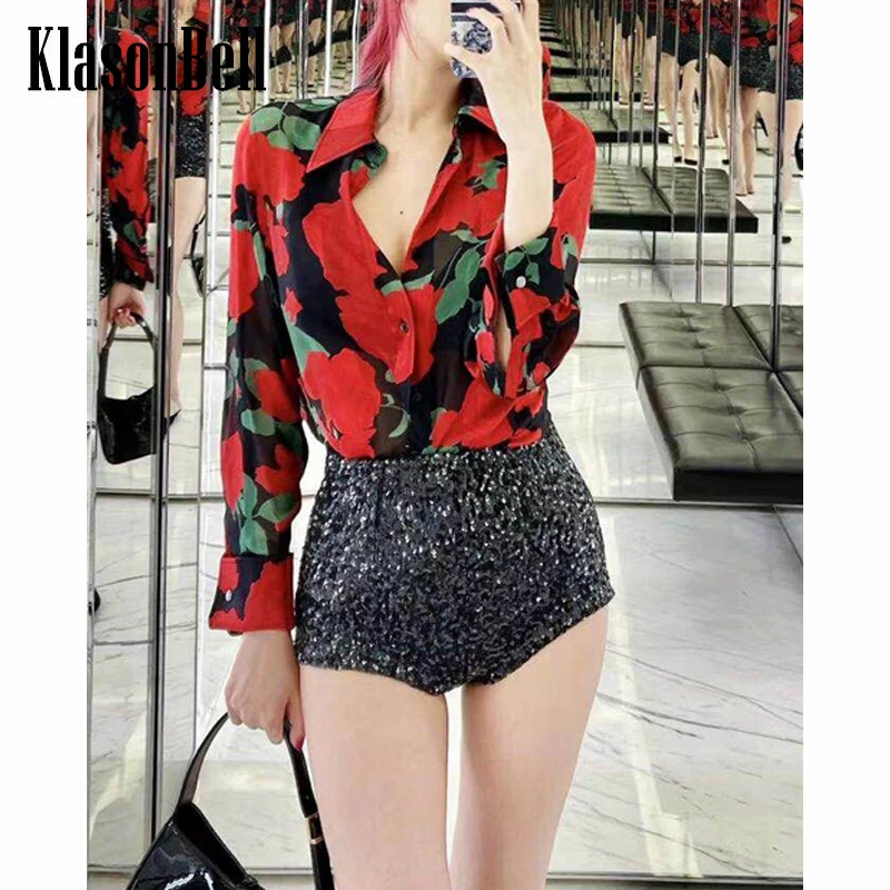 6.20 KlasonBell Vintage Rose Print Long Sleeve Shirt Women