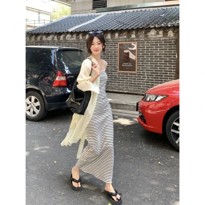 

Slim Stripe Suspended Dress Long Sunscreen Cardigan Women's Fashion Set(Order separately)