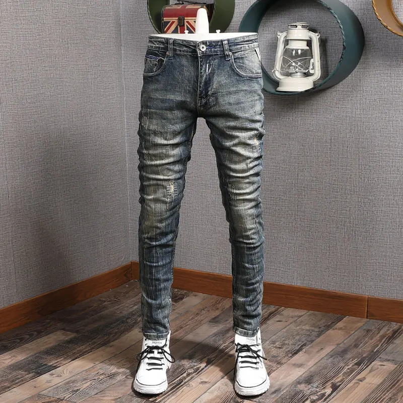 Fashion Trendy Men Jeans Retro Washed Blue Elastic Stretch Slim Fit Ripped Jeans Men Printed Designer Vintage Denim Pants Hombre