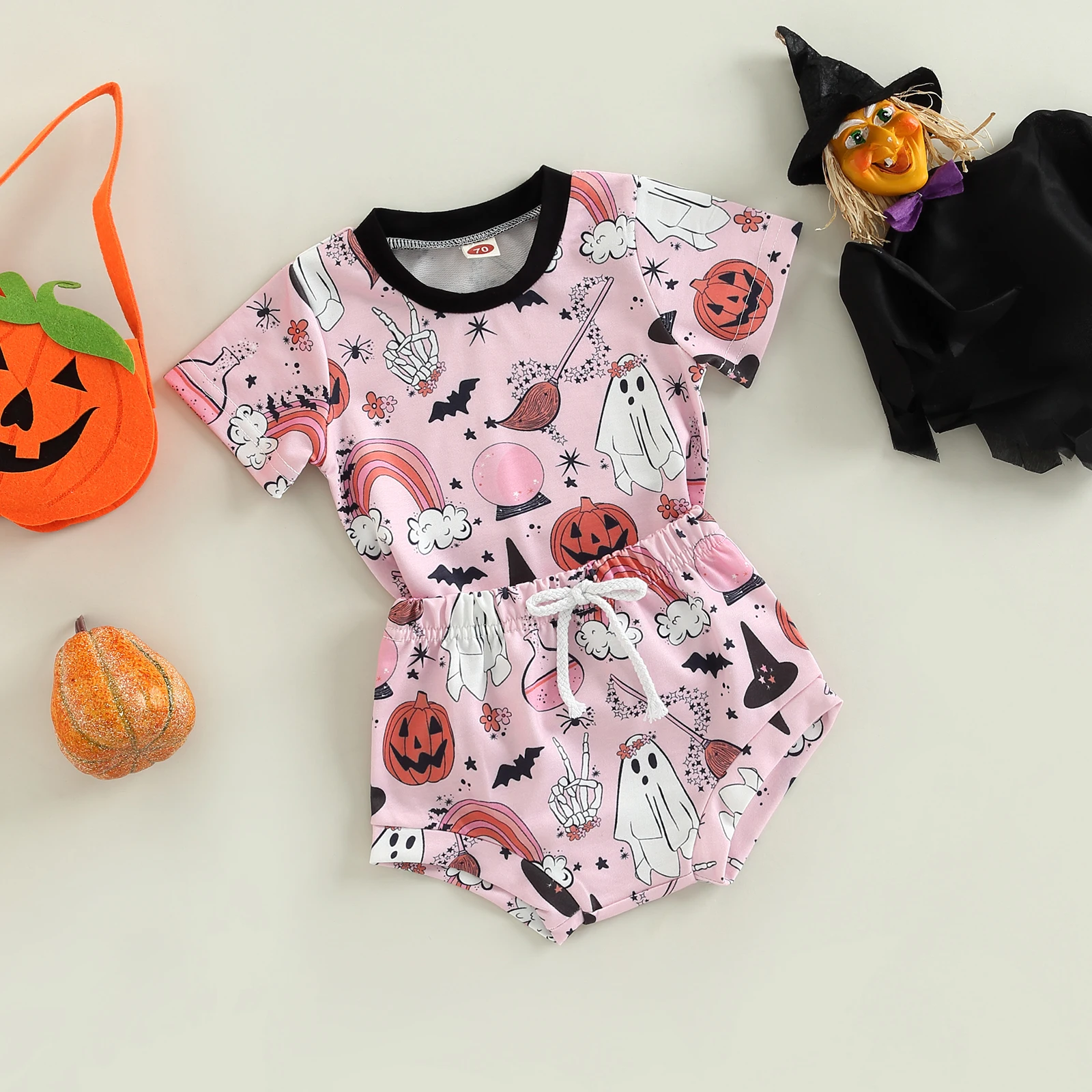 

TR New Summer Halloween Toddler Baby Girls Outfit Pumpkin Print Short Sleeve T-Shirts Tops + Elastic Waist Shorts Clothes Set