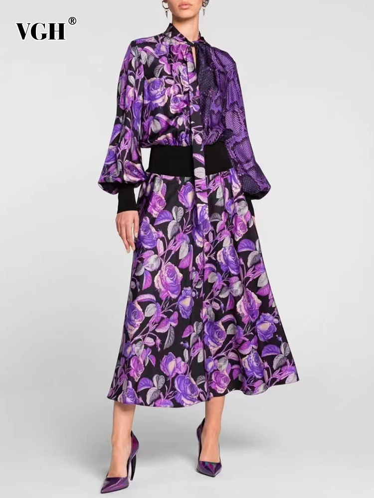 

VGH Print Floral Dress For Women Bowknot Collar Lantern Sleeve High Waist Colorblock Midi Dresses Female Clothing Fashion 2022