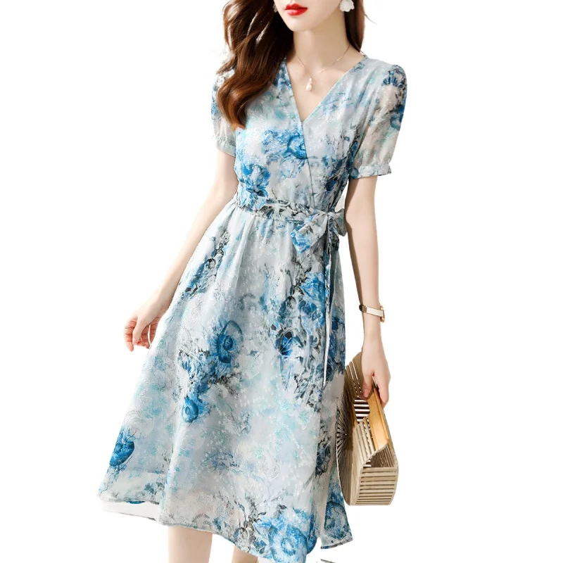 

Simgent Women Dress 2022 Summer Fashion V-Neck Print Short Sleeve A Line Elegant Dresses Vestidos Female Clothing SG26172