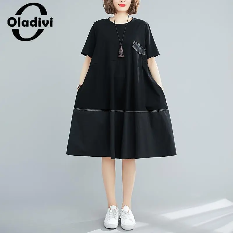 

Oladivi модное женское платье миди с коротким рукавом 2023 летние новые повседневные свободные платья винтажная Женская одежда оверсайз 3XL 4XL 5006