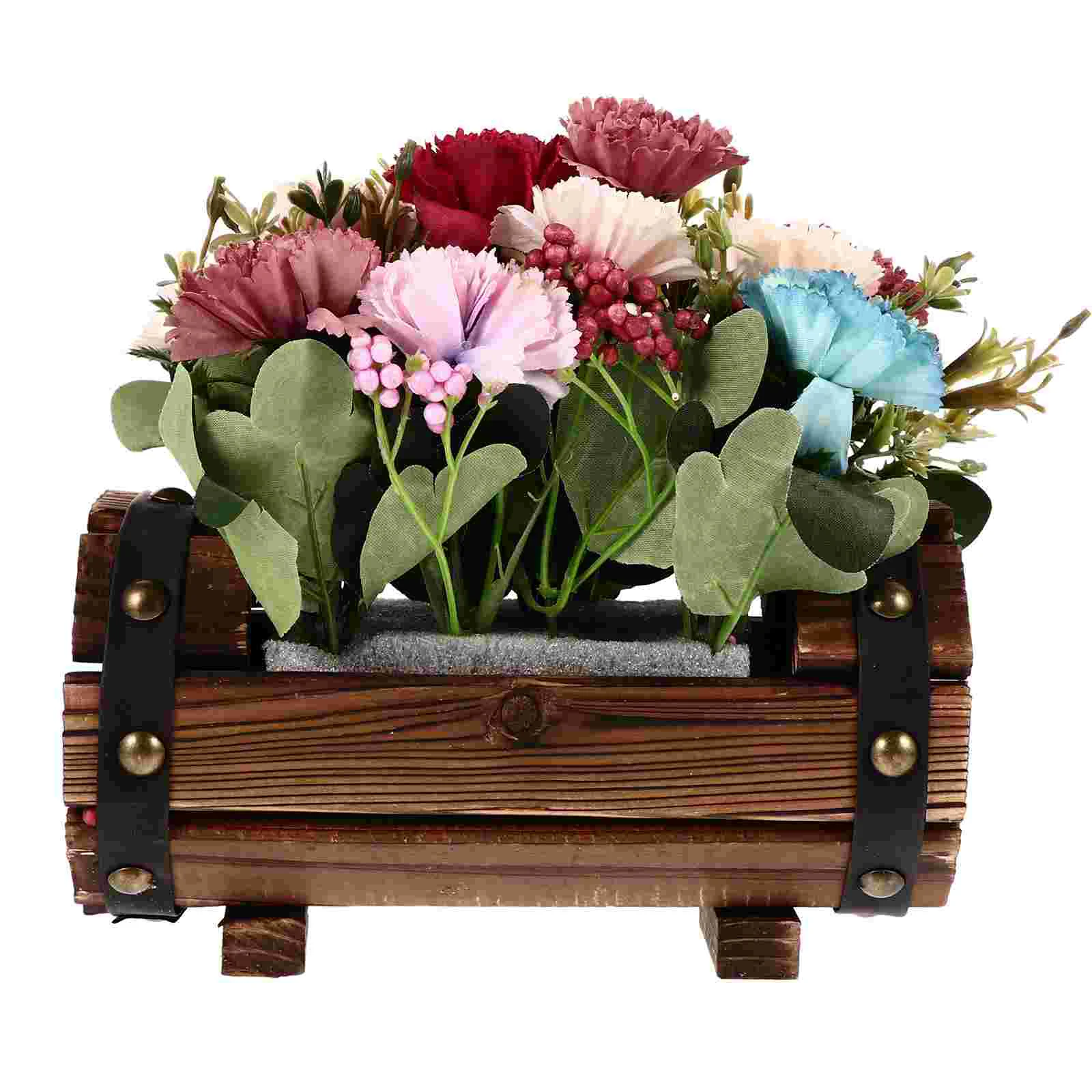 

Potted Flowers Artificial Decor Flowers in Wood Planter Window Bonsai Centerpiece for Indoor Outside Garden Porch