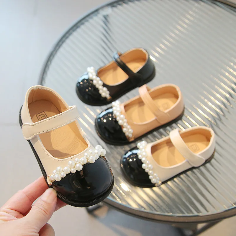 

Children Leather Patchwork Pearl Princess Shoes Spring Baby Shoes For Girls