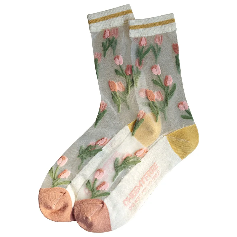 Socks Female Japanese Socks In Spring And Summer Thin Glass Silk Stockings Summer Breathable Absorbent Tulips Are Observed