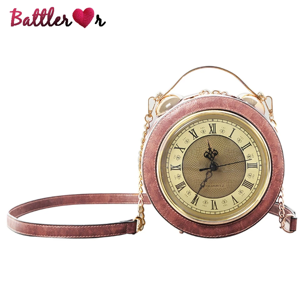 

Vintage Real Alarm Clock Women Bag Retro Hand-held Package Walkable Clock Gril's Fashion Evening Bag Shoulder Crossbody Handbag