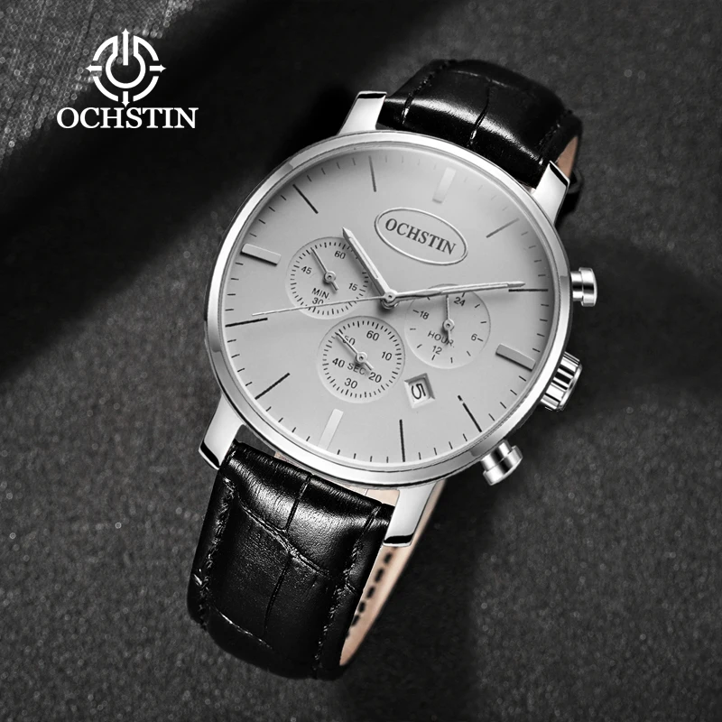 Фото OCHSTIN Luxury‑Simple Man, элегантные повседневные часы с ремешком из натуральной кожи, мужские надежные многофункциональные кварцевые модные наручные часы №3