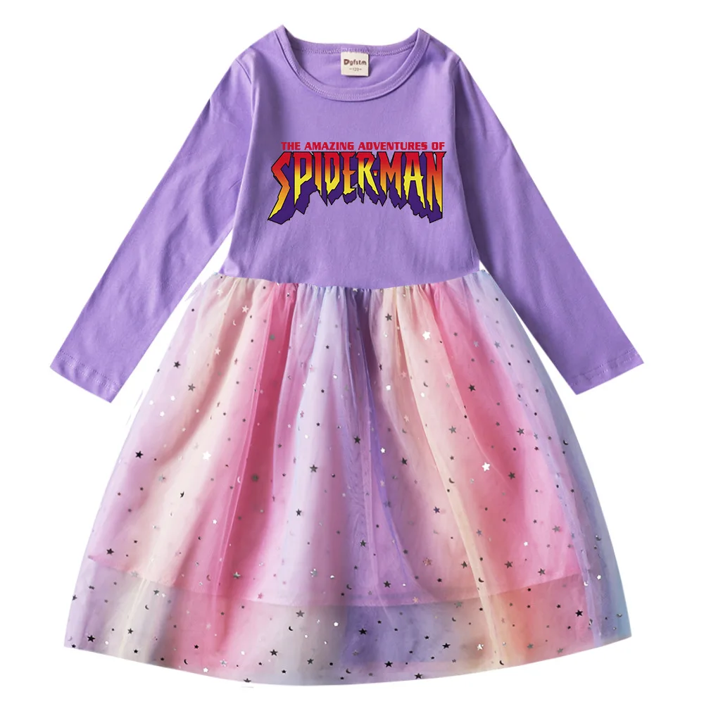 

2022 New SpiderMan Spring Autumn Baby Girl Cotton O-Neck Cartoon Children's Rainbow Mesh Sequined Princess Dress 2-10Y