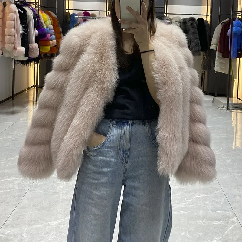 Роскошное розовое женское пальто из натурального лисьего меха короткая верхняя