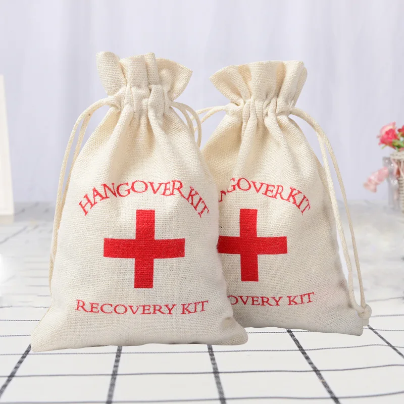 20Pcs Hangover Kit Bags Wedding Favor Holder Bag for Guests Gift Red Cross Cotton Linen Pouches Kit Event Party Supplies