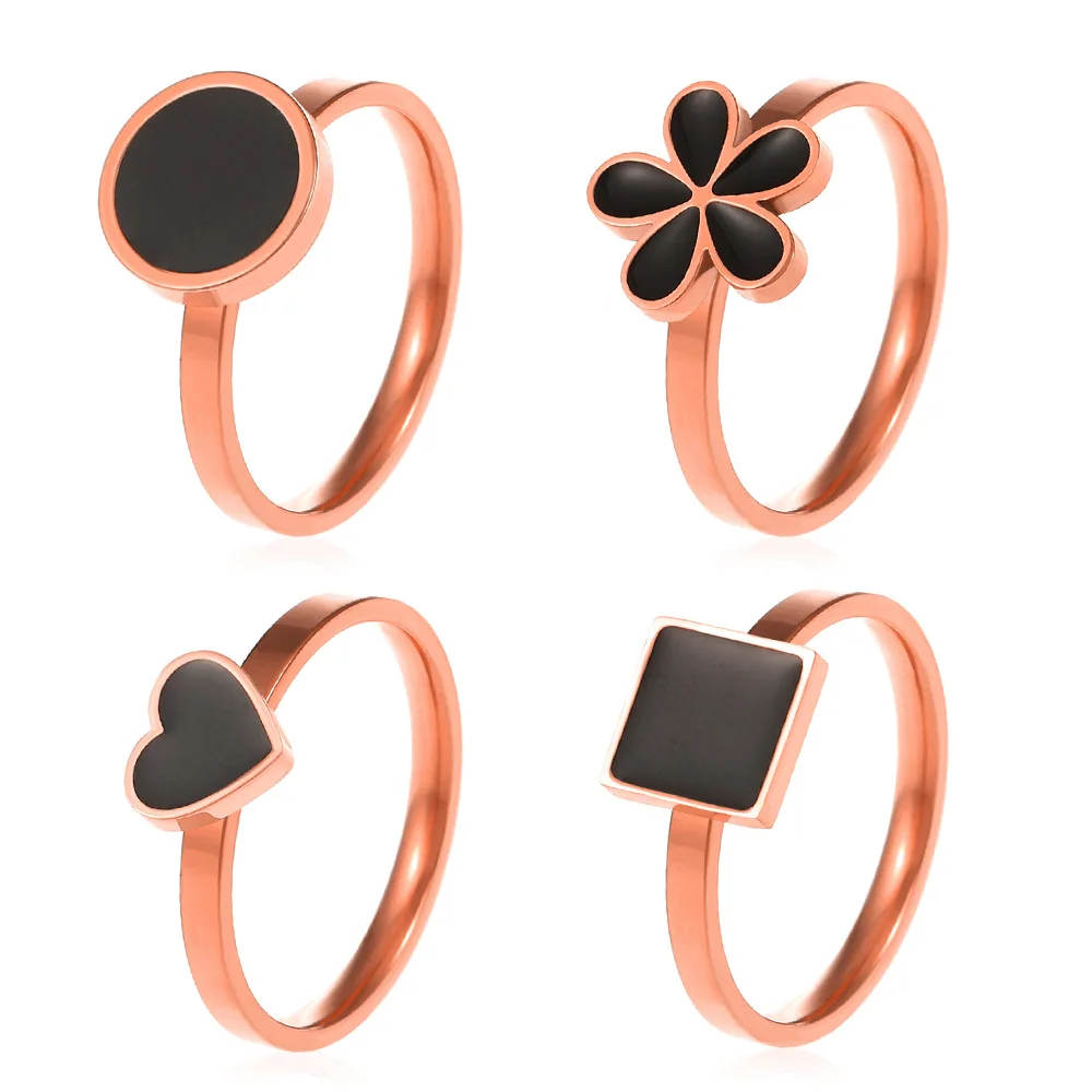 

Rose Gold Color Stainless Steel Rings For Women Fashion Black Round Love Heart Flower Finger Rings Couple Party Wedding Jewelry