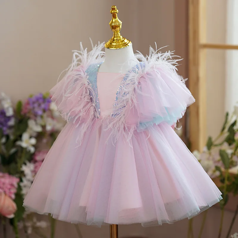 Baby Wedding Evening Dresses for Girls 1- 5 Yrs Sequin Birthday Party Christmas Baptism Kids Cute Princess Dress With Big Bow