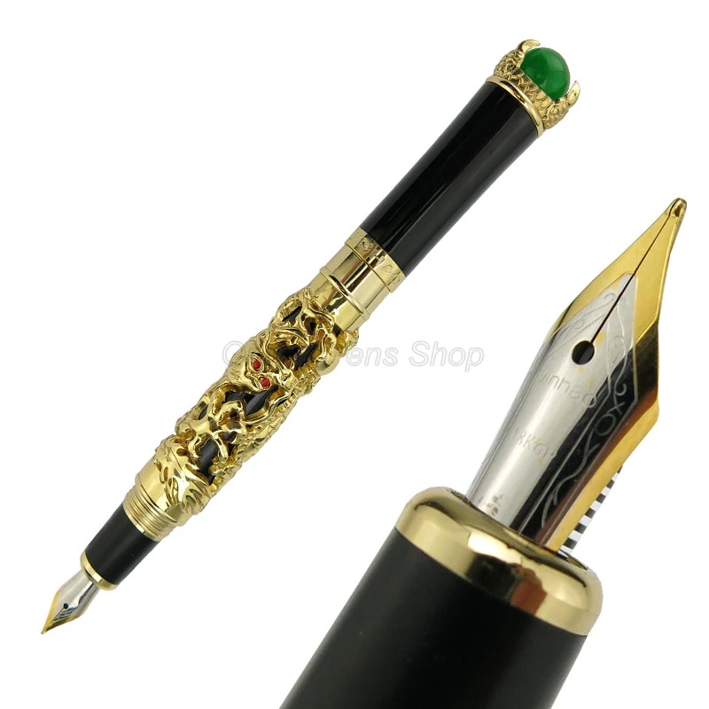 Jinhao блестящая перьевая ручка с золотым старинным драконом король резьба тиснение Средний Перо профессиональные офисные канцелярские принадлежности
