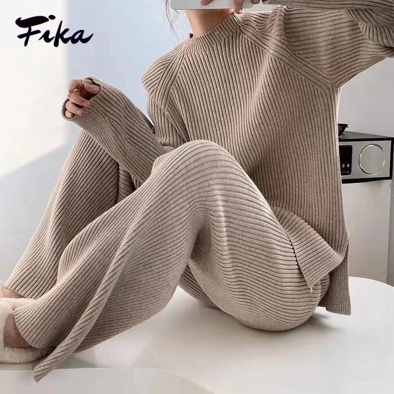Casual Solid 2 Pieces Set Women Knitted Tracksuit O Neck Sweater and Straight Pants Pullover 2022 Sweater Set Ladies Dailywear