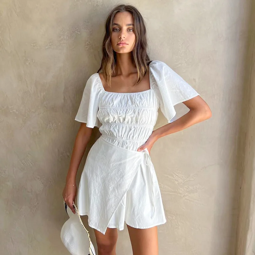 

Женское платье с лямкой на шее, белое платье из чистого хлопка с рукавом лотоса на талии, лето 2023