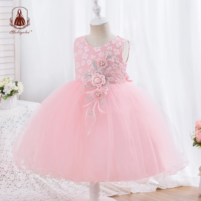 

Yoliyolei Gorgeous Child Princess Dress Girl Plum Bossom Flower Mid-calf O-neck Wedding Party Pearls Dresses with Appliques