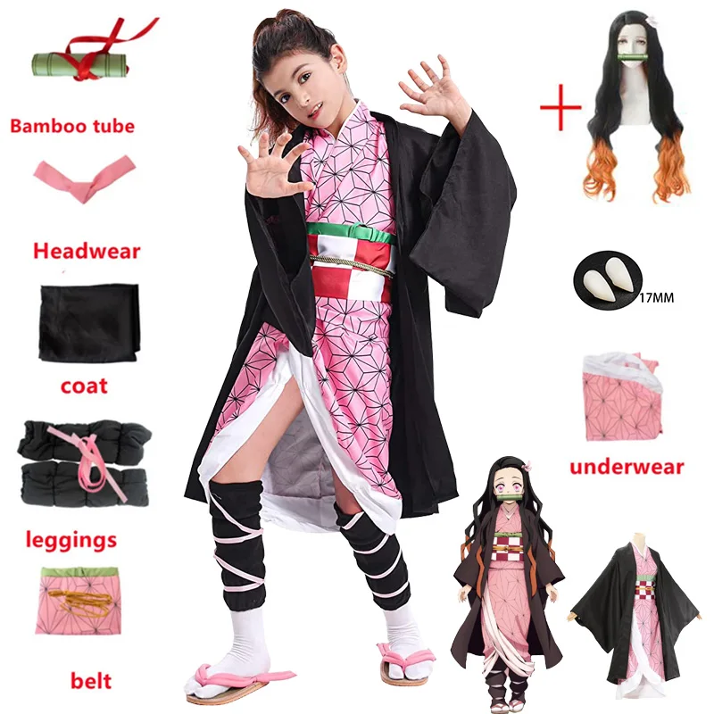 Anime Kamado Nezuko Cosplay Costume Demon Slayer Cosplay Uniform Clothes Kimono Wig Props Set Halloween Costume for Kids Adult