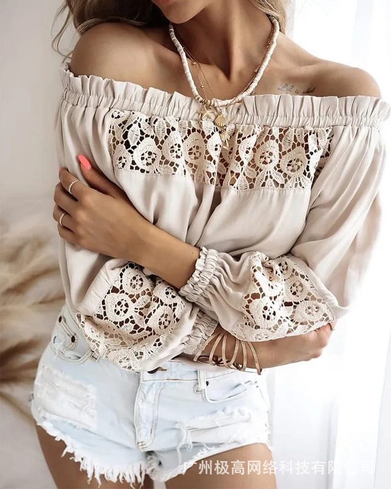 

Women Slash Neck Strapless Hollow Out Lace Sexy Off Shoulder Frill Hem Lace Patch Lantern Sleeve Top Fashion Casual Top T Shirt