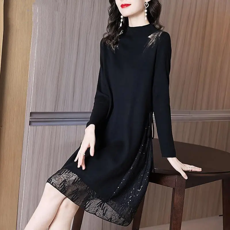 

Knit solid dress female 2022 spring light luxury ladies big size mm cover belly slim lace bottom long sleeve o neck skirt