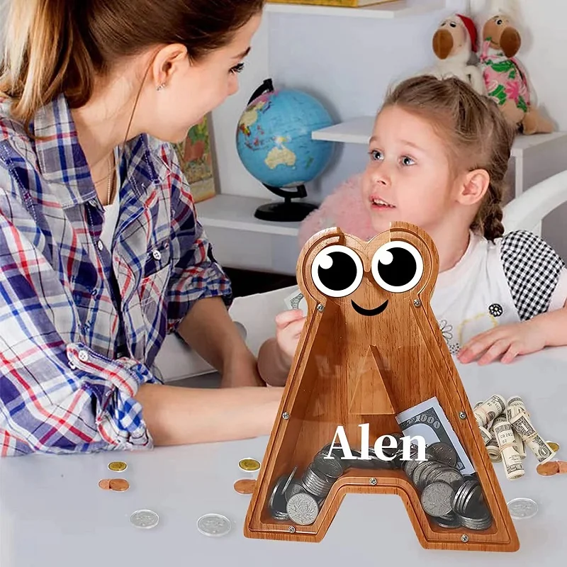 

New Letter Piggy Bank Wooden Coin Money With Name Sticker Saving Box Jar Coins Storage Box Desktop Ornament Home Decor Crafts