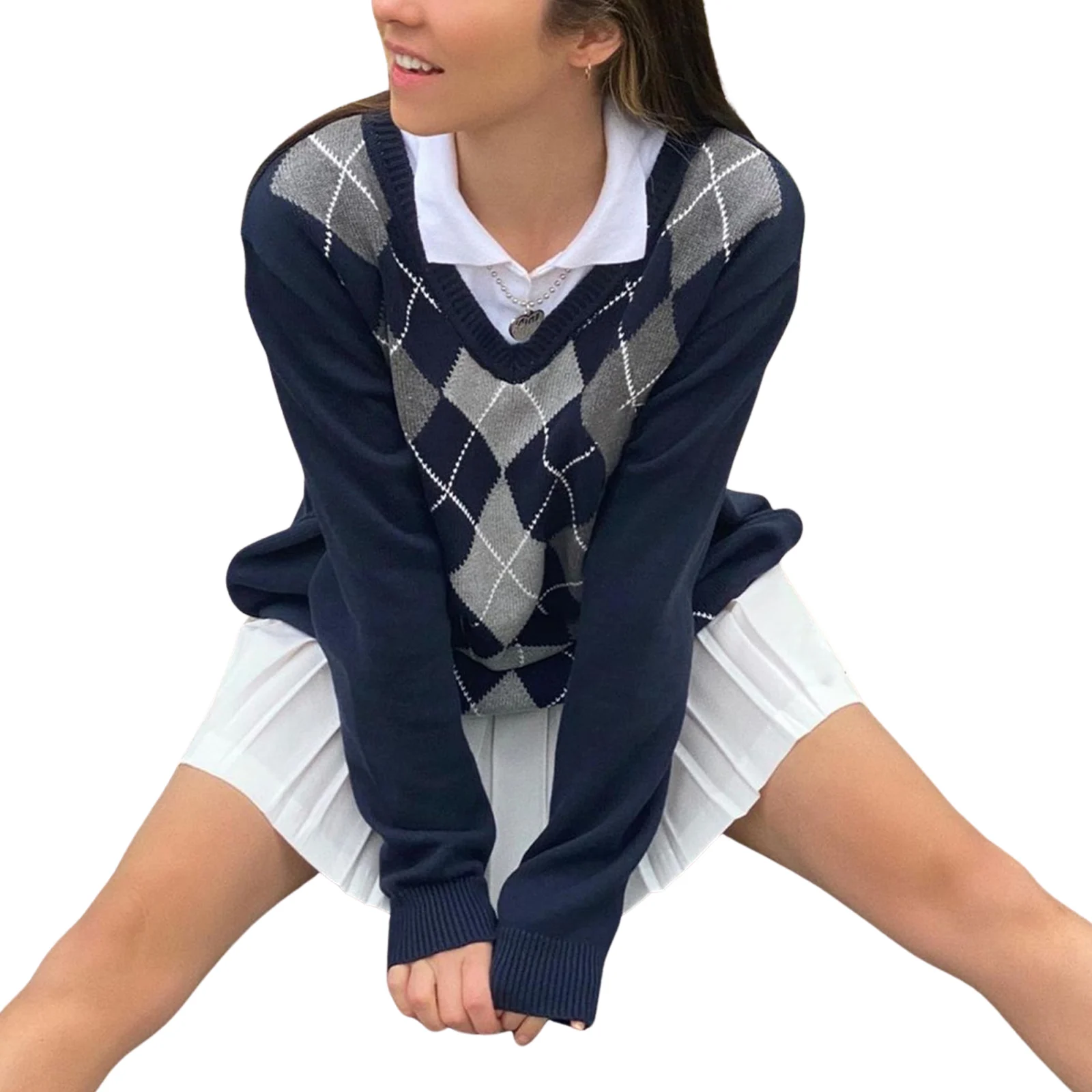 

Women Color Block Sweater, Adults Casual Argyle Print Long Sleeve V-neck Knitwear
