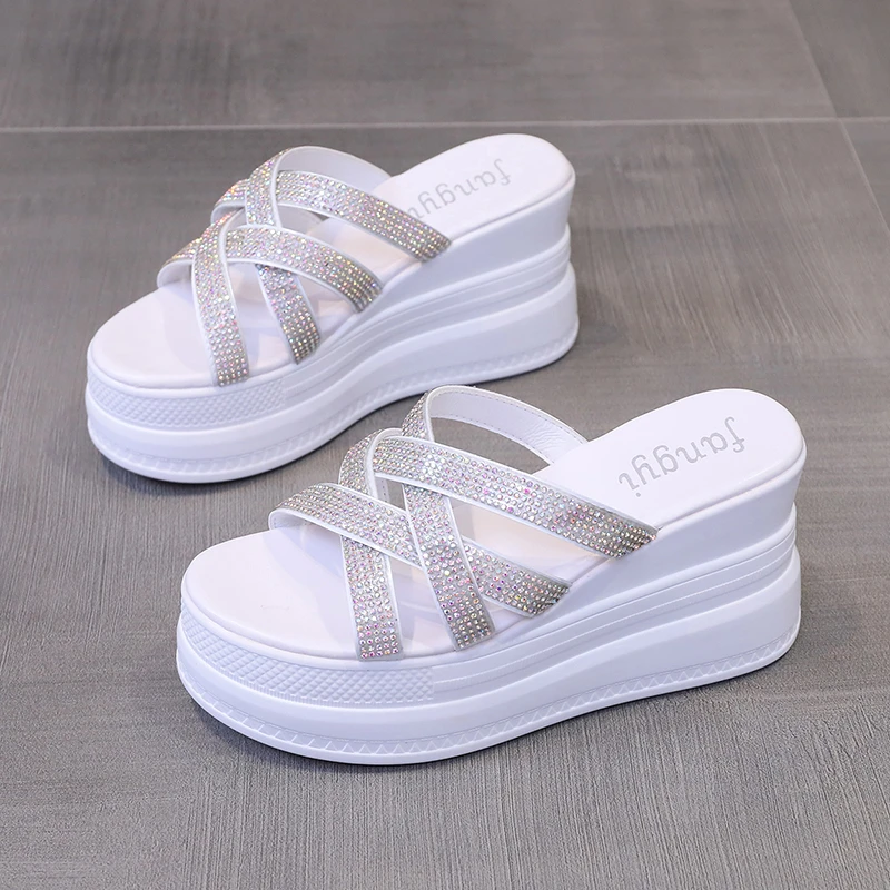 

Women Platform Slippers 2022 Bling Sandals Beach Shoes 9CM Wedge Heels Peep Toe Sandals Ladies Hollow Outside Flip-Flops Woman