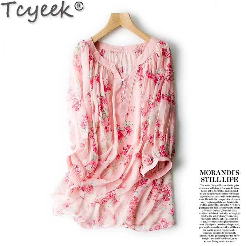 

Tcyeek 22 Summer T Shirt Women Harf Lantern Sleeves Tops Mid-length Chiffon Top Vintage Woman Loose Floral Cloth Mujer Camisetas