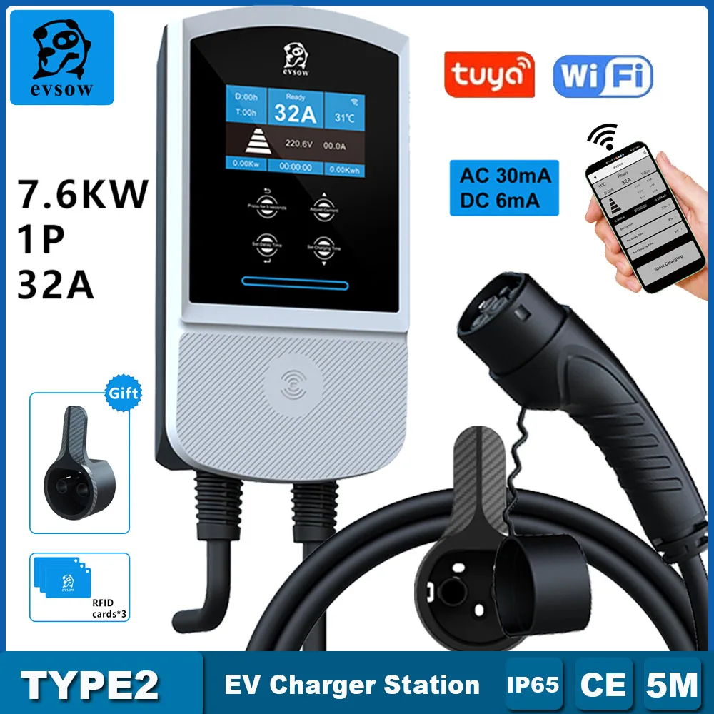 Evsow 22KW 32A 3P Зарядная станция для электромобилей Type2 IEC62196-2 Зарядное устройство 7.6KW