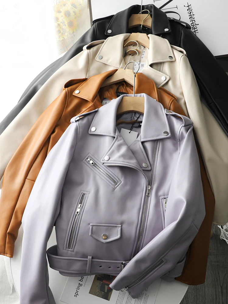 Spring Autumn Women Zippers V-neck Faux Leather Jacket Minimalist Neutral Style Brown Motorcycle Jacket PU Streetwear Coats